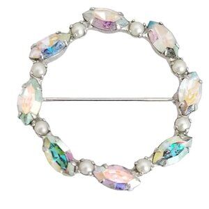 B David Silver Tone AB Rhinestone Faux Pearl Round Open Brooch Pin, Signed M354